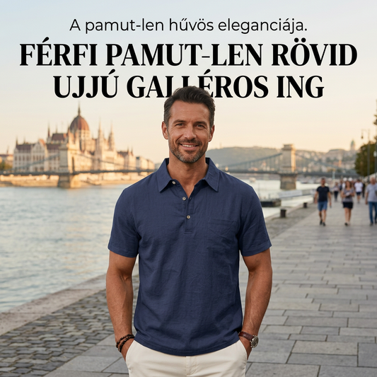 👔🌞 Férfi pamut-len rövid ujjú galléros ing ☁️