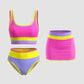 🌞🏖️ Színblokkal Díszített Nylon Sportos 3 Részes Bikini Szett – Magas Derekú és Hasformáló Fürdőruha 🩱🌊