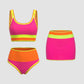 🌞🏖️ Színblokkal Díszített Nylon Sportos 3 Részes Bikini Szett – Magas Derekú és Hasformáló Fürdőruha 🩱🌊