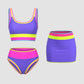🌞🏖️ Színblokkal Díszített Nylon Sportos 3 Részes Bikini Szett – Magas Derekú és Hasformáló Fürdőruha 🩱🌊