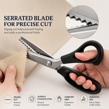 ✂️ Rozsdamentes acél cikkcakk olló (23 cm) – ✨ Precíz, szálkásodásmentes vágás és zökkenőmentes, profi varróélmény 🧵🛡️