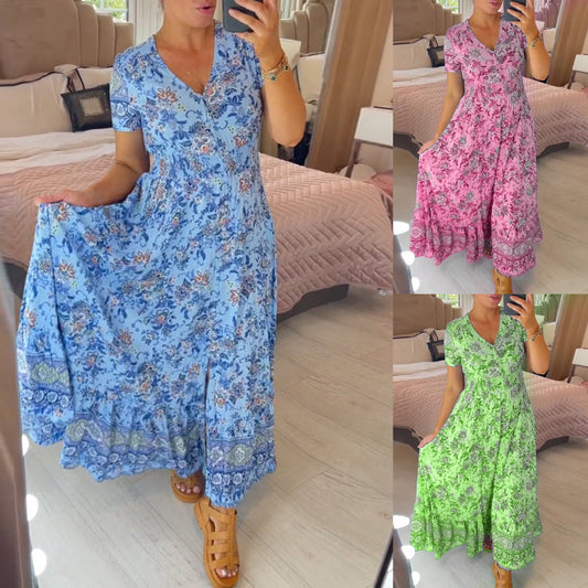 ⏳Nyári kiárusítás: 60%-os kedvezmény🌺2025  Új virágos ruha V-nyakkivágással【S-4XL】👗