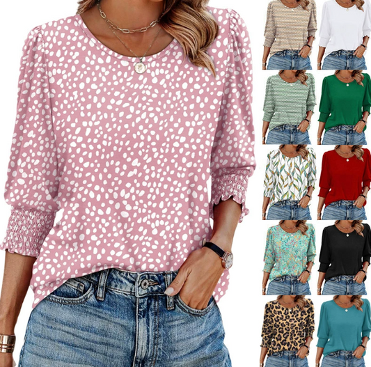 🔥【S-3XL】🌞 Női öltözködő alkalmi 3/4 hosszúságú ujjú blúzok fodros mandzsettával 👚