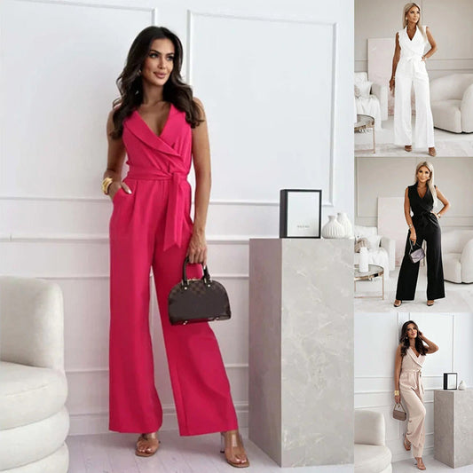 ⏰Nyári kiárusítás: 40%-os kedvezmény🌸【M-2XL】💟Női ujjatlan V-nyakú egyszínű Jumpsuit💃
