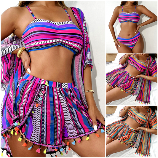 🌺 S-XL 🩱 Csíkos spagetti bikini 4 részes szett – Perfekt für nyaralás, medence & fotózkodás 🏖️📸