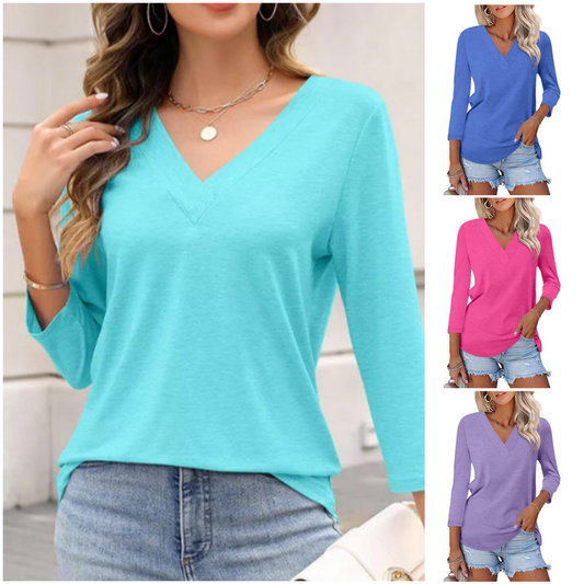 💖 (S-2XL) 👚🌺 Nők 3/4 Ujjú V-nyakú Egyszínű Felső