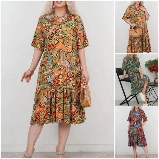 🔥 [S-4XL] 🎨👗 Női alkalmi rövid ujjú színes nyomtatott ruha