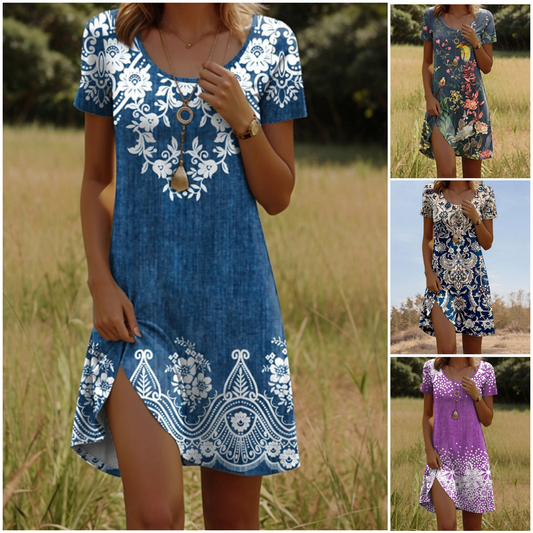 ✨ (S-3XL) 👗🌺 Női nyomtatott, kerek nyakú, rövid ujjú ruha