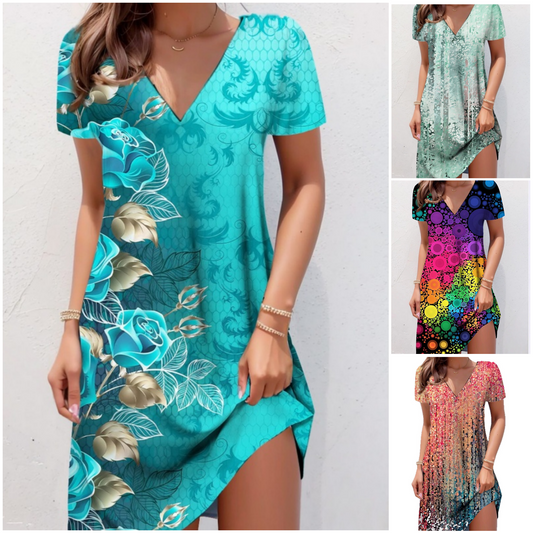 ✨ (S-2XL) 👗💕 Női Nyomott Rövid Ujjú Ruha