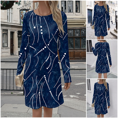 🔥 (S-2XL) 👗✨ Nyomtatott Kerek Nyakú Hosszú Ujjú Ruha
