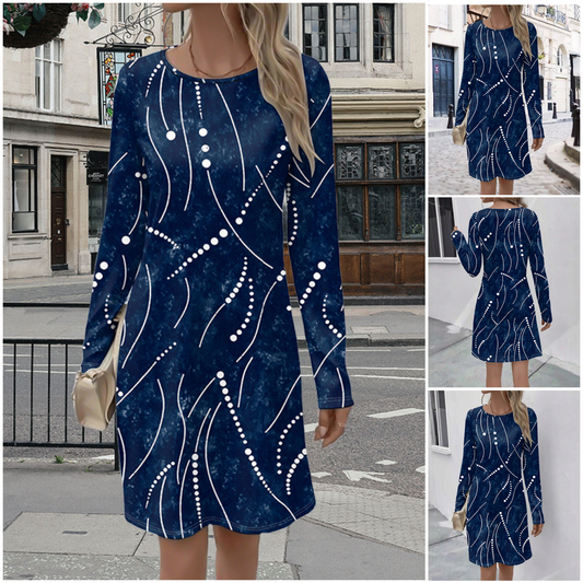 🔥 (S-2XL) 👗✨ Nyomtatott Kerek Nyakú Hosszú Ujjú Ruha