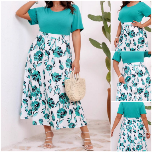 🌸【L-4XL】💃 Elegáns, nyomtatott panelekkel díszített, kerek nyakú, derékban szűkített ruha