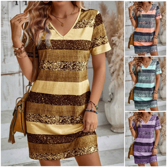 💥 (S-3XL) 👗💕 V-nyakú Színblokkolt Csíkos Ruha