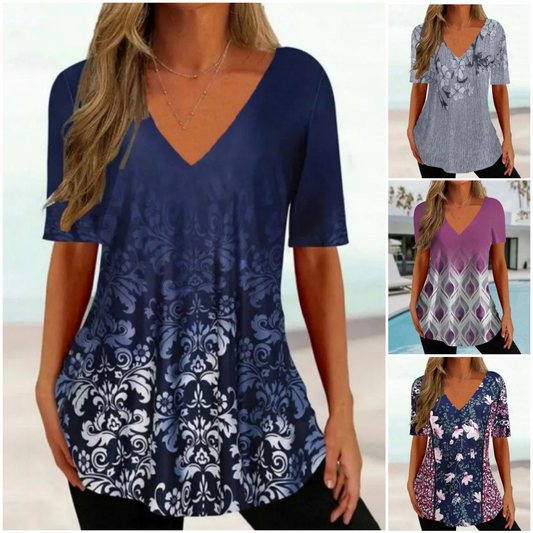 🌿 (S-4XL) 💃 Nők Hétköznapi Vintage V-nyakú Mintás Felsők 💕
