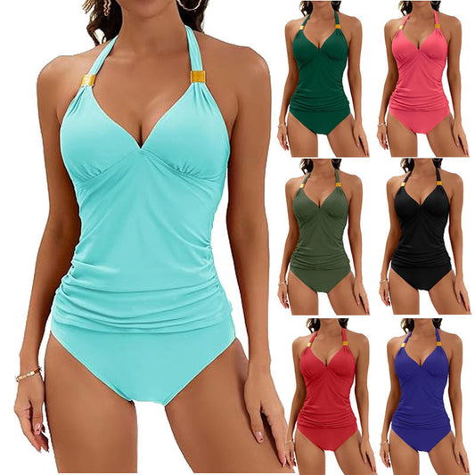 🥰2025 új - 👙 Szexi női halterneck fürdőruha redőkkel