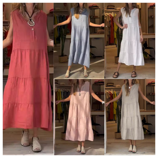 👚Nyári kiárusítás: 40%-os kedvezmény❄️Női V-nyakú gomb ujjatlan ujjas hosszú ruha💃
