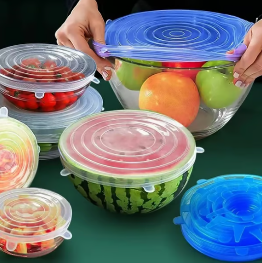 🌿❄️ Szilikon élelmiszertároló fedők (6 db-os készlet) – Környezetbarát, szivárgásmentes illeszkedés és a frissesség megőrzésének elengedhetetlen titka 🍉✨