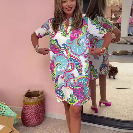 🔥 [S-3XL] 🌺 Divat Női színes nyomtatott V-nyakú ruhák 💃
