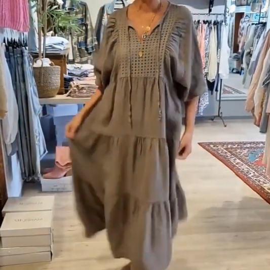 🔥 Női Tiered V-nyakú egyszínű fél ujjú hosszú ruha 👗