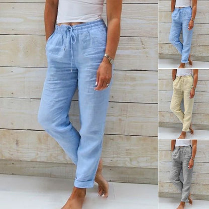 🔥[S-2XL]🍃👖 Női  rugalmas derékú pamut-lenvászon széles szárú nadrág