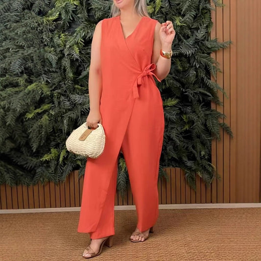 🔥Nyári kiárusítás: 40%-os kedvezmény💖Női egyszínű, V-nyakú kötött jumpsuit🌸