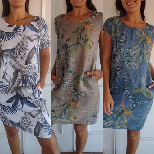 🔥Nyári kiárusítás: 60%-os kedvezmény🌷Kerek nyakú ruha botanikai mintával nőknek👗