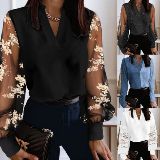 V-kivágású Légáteresztő Áttetsző Hosszú Ujjú Felső