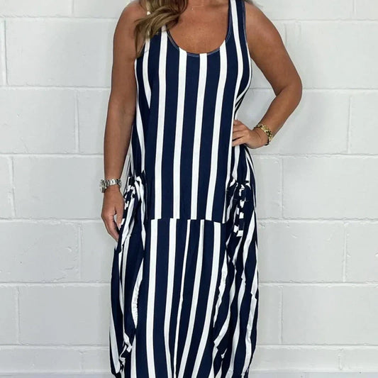 💕Korlátozott Eladó 42% LE💕💕👗Stripe Oversized Tie-Front zsebes ruha