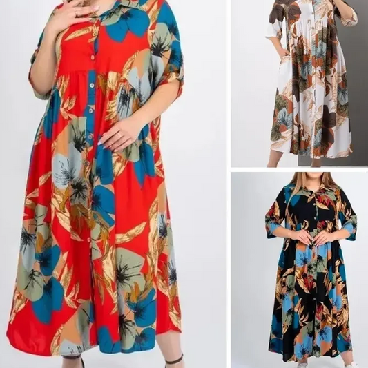⏳Nyári kiárusítás: 40%-os kedvezmény🔥【2XL-4XL】🌺Női laza hajtókás nyomtatott gomb-down hosszú ruha👗