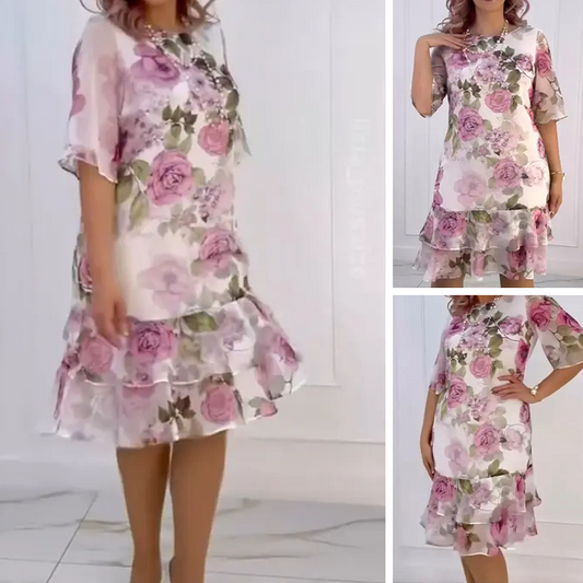 🔥 [S-4XL] 🌺 Rózsaszín sifon ruha fodrokkal 👗