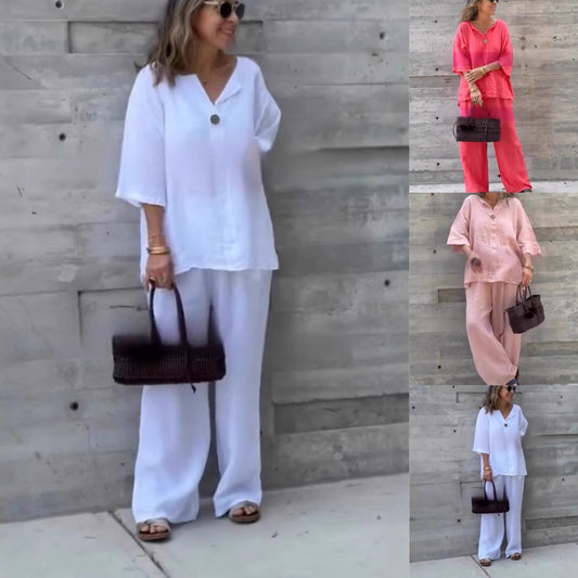 🔥Nyári kiárusítás: 40%-os kedvezmény🔥Női bő szabású felső és nadrág 2 részes szett🌸👚