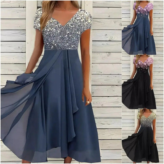 ⏰Nyári kiárusítás: 40%-os kedvezmény【S-5XL】👗Női nyári V-nyakú nyomtatott patchwork ruha✨