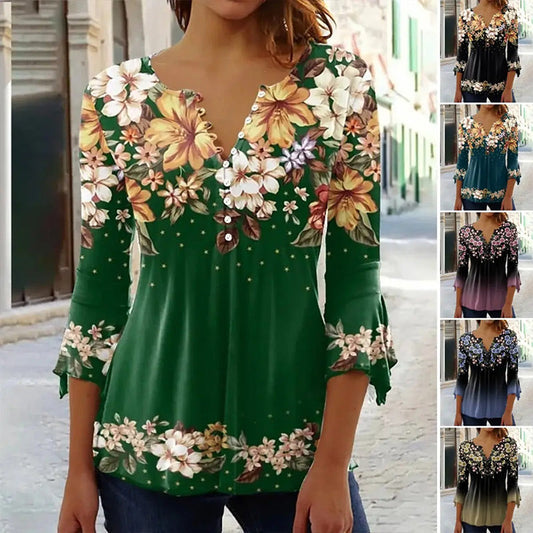 🔥Nyári kiárusítás: 40%-os kedvezmény🌹Elegáns, virágmintás, V-nyakú női felső👚
