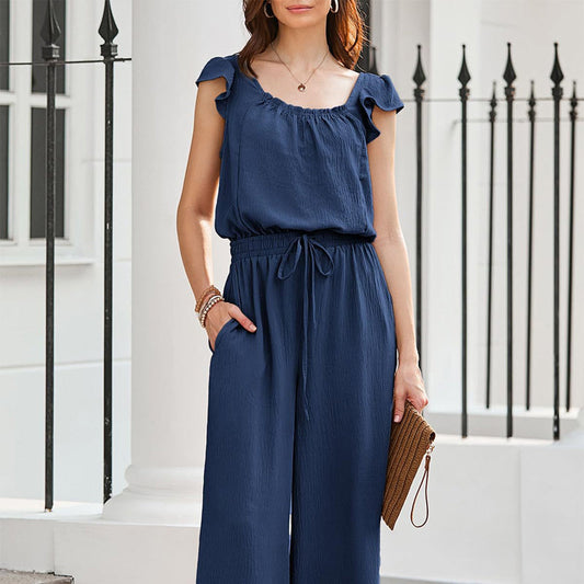 🌸💃 Női egyszínű pliszírozott négyzet alakú nyakú Jumpsuit 💐✨