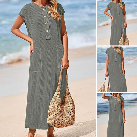🔥 Női Bordás Kötött Henley Maxi Ruha 💐👗