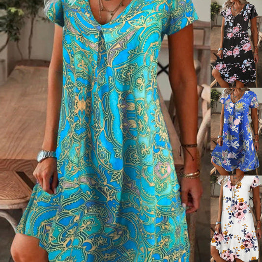 【M-3XL】🌺 Női elegáns virágos nyomtatás V-nyakú hosszú ruha 👗✨