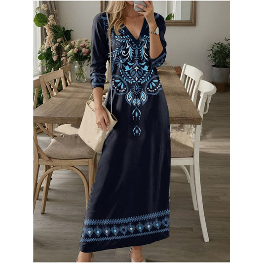 ✨ Hosszú ruha mintával és V-nyakkal 🌸👗