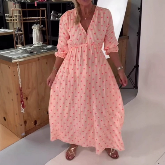 👗 [S-2XL] 🔥 2025 Új Szív nyomtatott V-nyakú csíkos rövid ujjú ruha 🌸