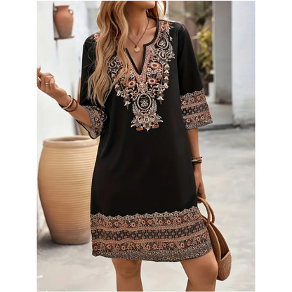 🔥[S-2XL]👗 V-nyakú etnikai stílusú nyomtatott rövid ruha 🌸