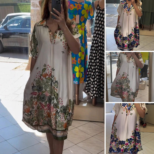 【S-4XL】🌺 Laza V-nyakú hajtókás tervezés virágos ruha 👗