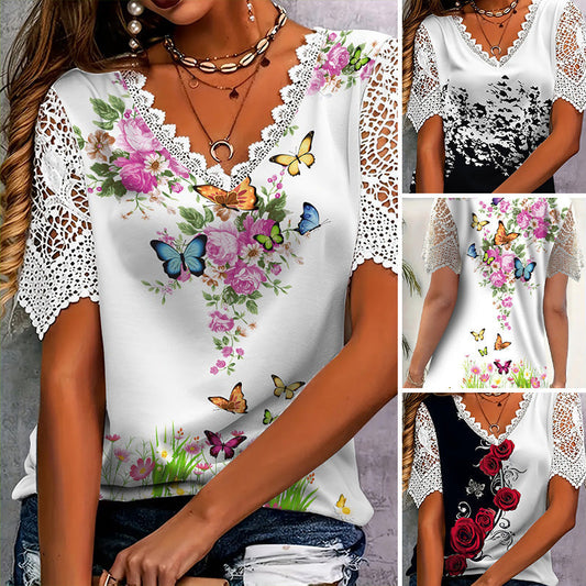 🔥[S-4XL]👚 Csipkés patchwork nyomtatott rövid ujjú felső 🌺