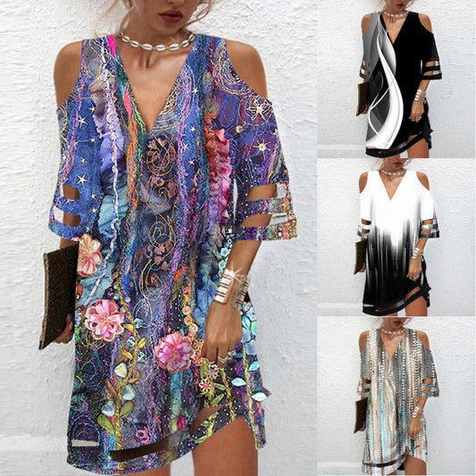🔥[S-3XL]👗🌸 V-nyakú kivágott nyomtatott ruha