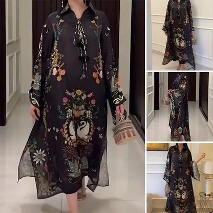 🔥 [S-3XL] 👗🌸 Női Mintás V-nyakú Laza Hosszú Ujjú Maxi Ruha
