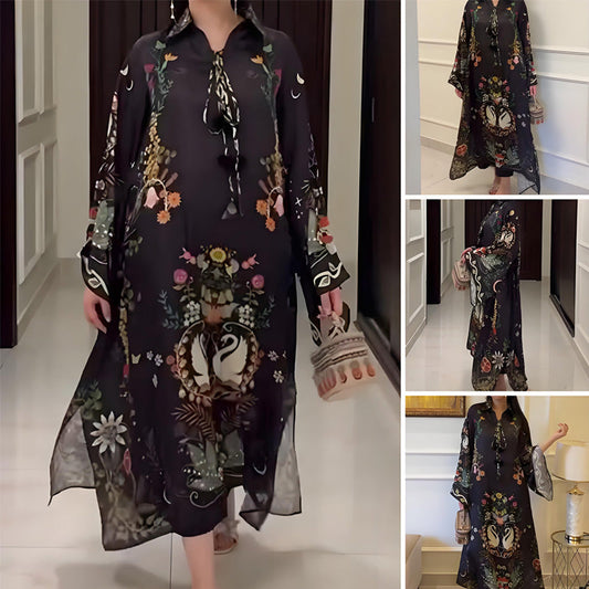 🔥 [S-3XL] 👗🌸 Női Mintás V-nyakú Laza Hosszú Ujjú Maxi Ruha