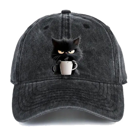 🧢🐱 Aranyos fekete macska vintage baseball sapka – Hímzett cica motívum, mosott pamut, kopottas retro megjelenés 🌿🌬️