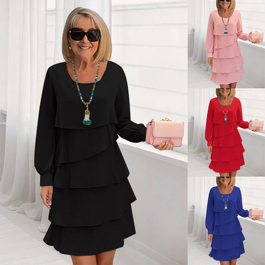 🔥 (S-3XL) 👗✨ Női Réteges Ráncos Hosszú Ujjú Ruha