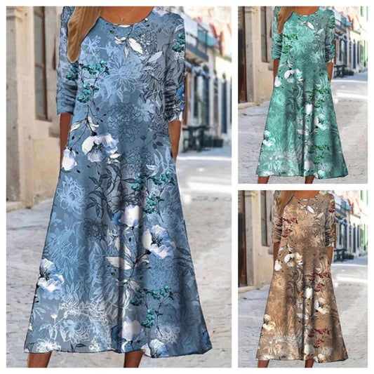 🔥 (S-3XL) 👗🌺 Kerek Nyakú Virágmintás Ruha
