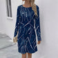 🔥 (S-2XL) 👗✨ Nyomtatott Kerek Nyakú Hosszú Ujjú Ruha