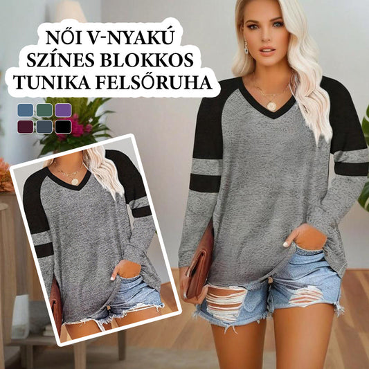 🔥 (XL-4XL) ✨ Női V-nyakú Színes Blokkos Tunika Felsőruha 💕