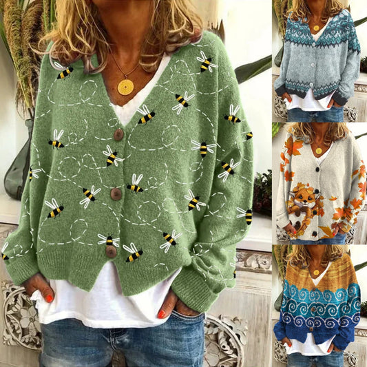 💖 (S-4XL) 🍂 Női Nyomtatott Gombos Kötött Kardigán 🌞